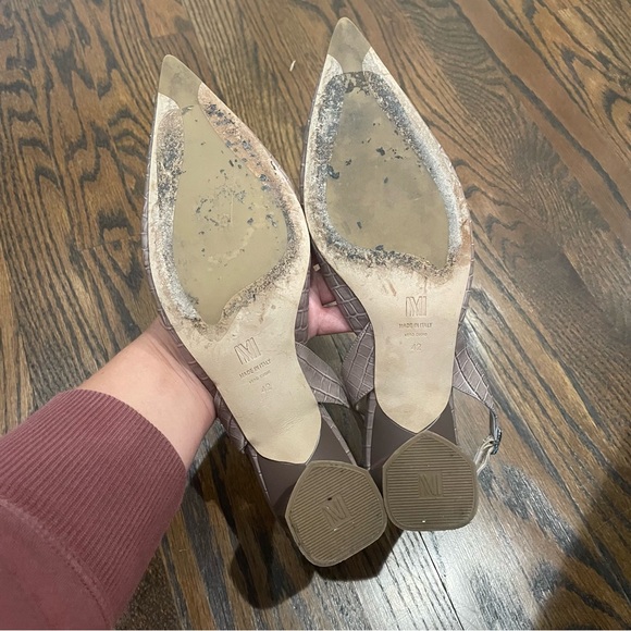 MM LAFLEUR Irene Rosy Taupe Croc Embossed Leather Slingback Block Heels - Picture 13 of 13
